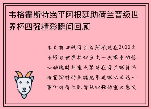 韦格霍斯特绝平阿根廷助荷兰晋级世界杯四强精彩瞬间回顾